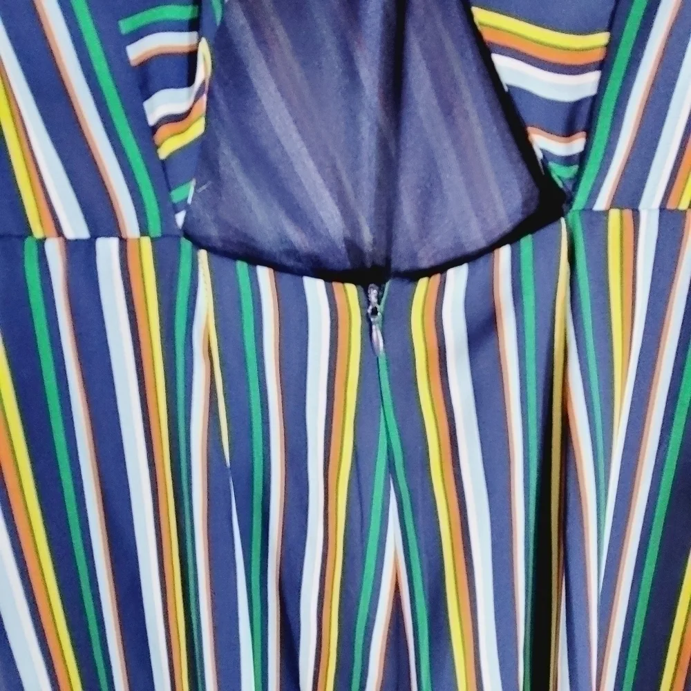 LULUS Allyson Navy Blue Multi Striped Tie-Back Culotte Jumpsuit, SZ Small Lulus